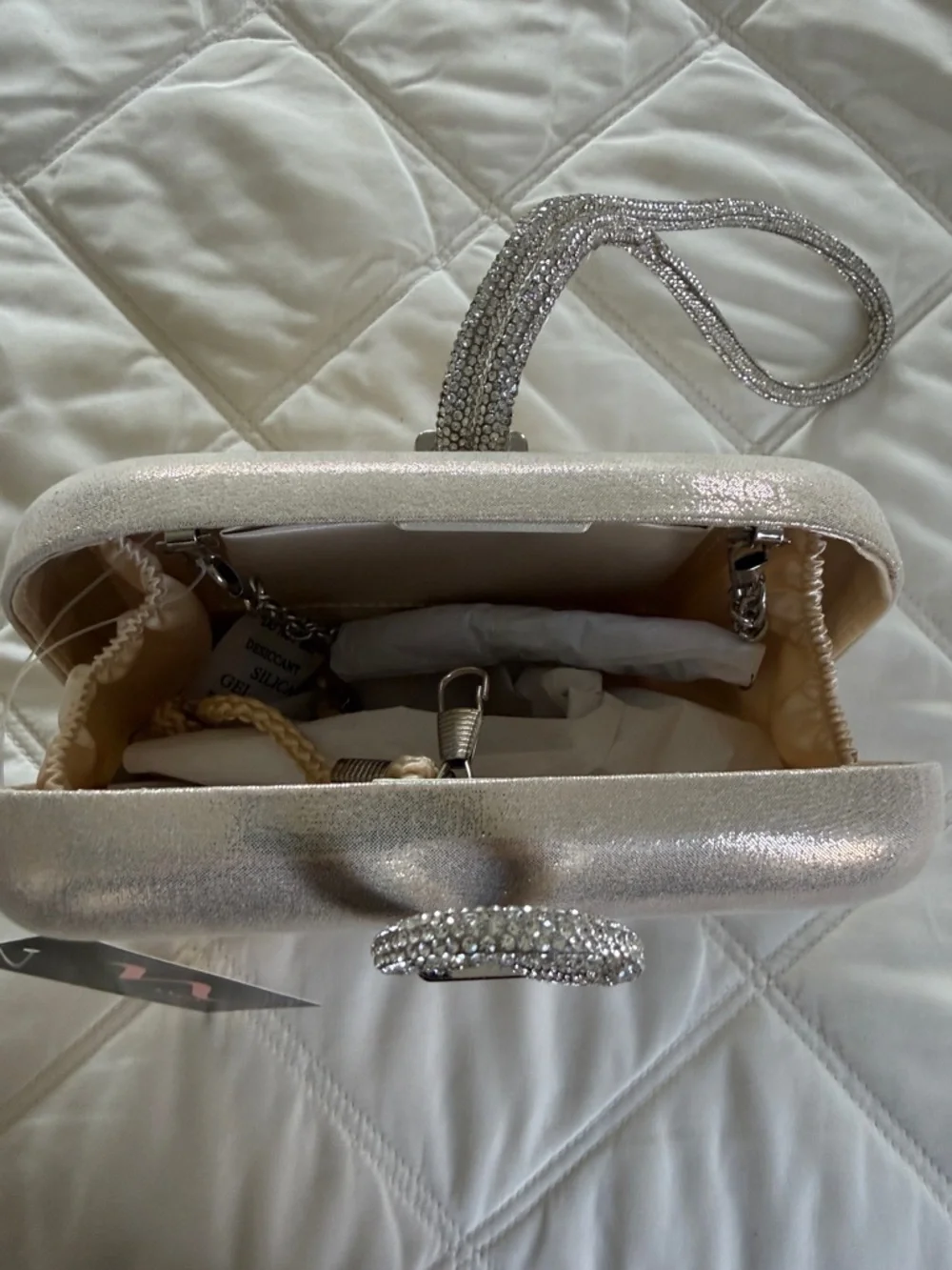 Nina Silver Metallic Evening Clutch with Rhinestone Wristlet - Picture 2 of 2